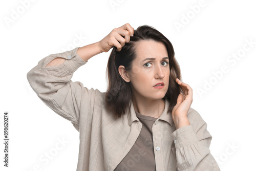 Woman with hair loss problem on white background