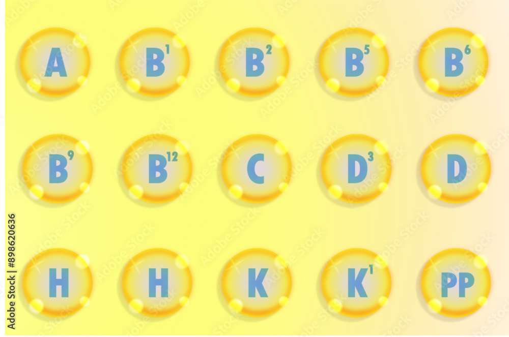Set of Multi Vitamin complex icons. Multivitamin supplement. Vitamin A, B group B1, B2, B3, B5, B6, B9, B12, C, D, D3, E, K, H, K1, PP. Essential vitamin realistic. Healthy life concept Set of Multi Vitamin complex icons. Multivitamin supplement. Vitamin A, B group B1, B2, B3, B5, B6, B9, B12, C, D, D3, E, K, H, K1, PP. Essential vitamin realistic. Healthy life concept