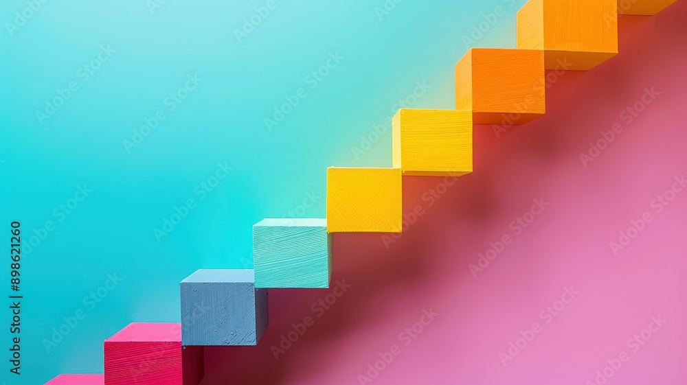Abstract colorful 3D staircase on vibrant background. Bright geometric design with a playful, creative aesthetic. Abstract colorful 3D staircase on vibrant background. Bright geometric design with a playful, creative aesthetic.
