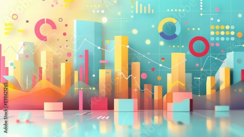 Abstract 3D city skyline with colorful data visualization charts and graphs on a futuristic background. Perfect for business analytics concepts.