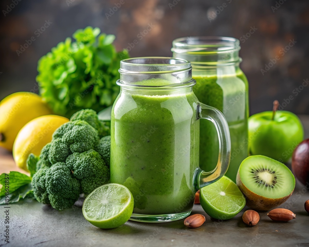 Healthy green smoothie in a glass jar on the table, apples, greens, kiwi, lime, vegan, vegetarian Healthy green smoothie in a glass jar on the table, apples, greens, kiwi, lime, vegan, vegetarian