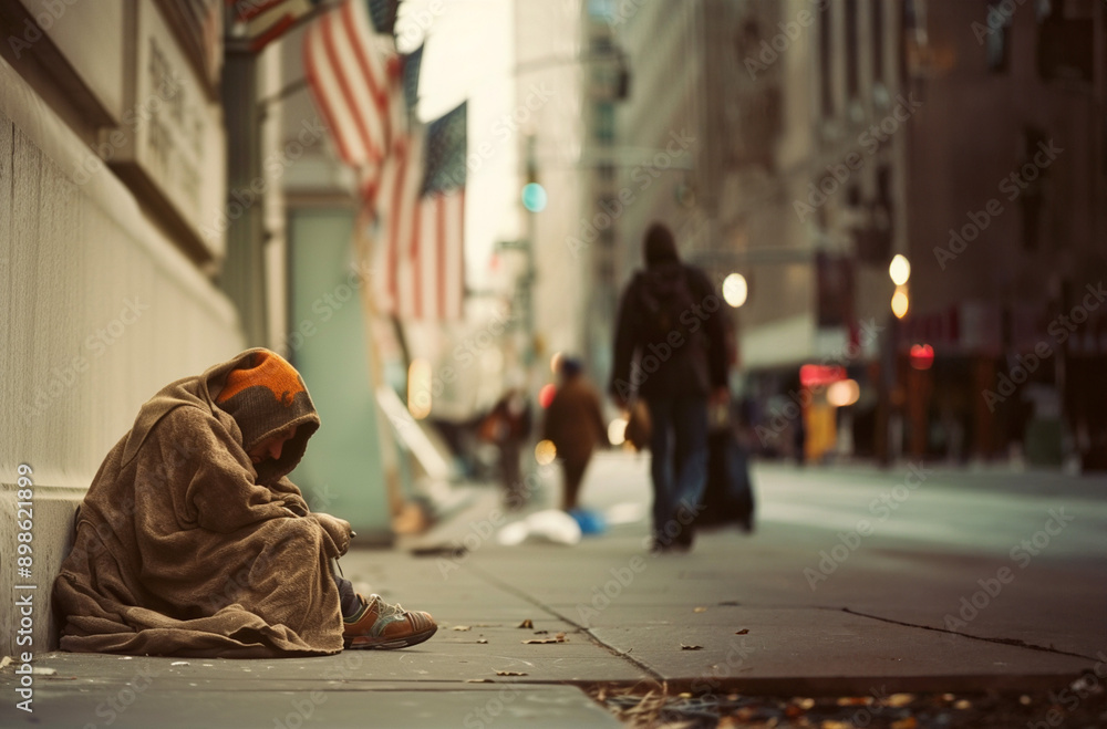 Obraz premium Homeless man sitting on a sidewalk in a busy American city 