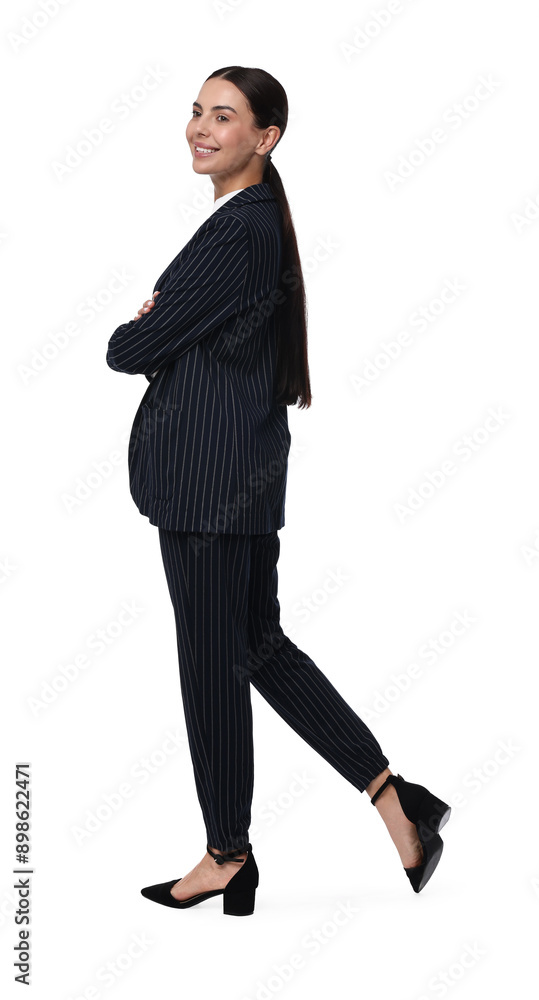 Beautiful woman in black striped suit on white background Beautiful woman in black striped suit on white background