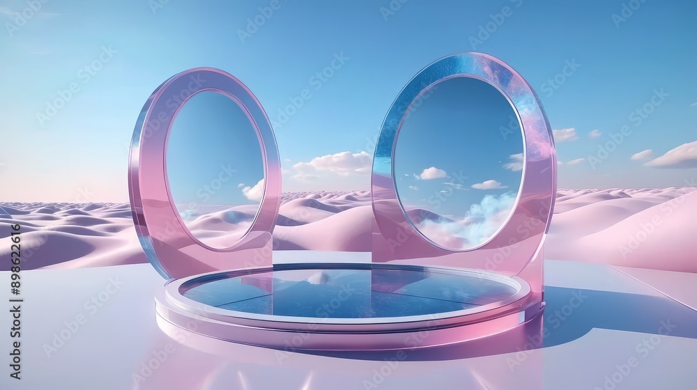 A delicate glass sculpture sits on a table in the desert, framed by a cloudy sky A delicate glass sculpture sits on a table in the desert, framed by a cloudy sky