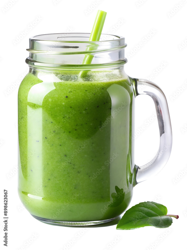 Healthy green smoothie in a glass jar, vegan, vegetarian, transparent Healthy green smoothie in a glass jar, vegan, vegetarian, transparent