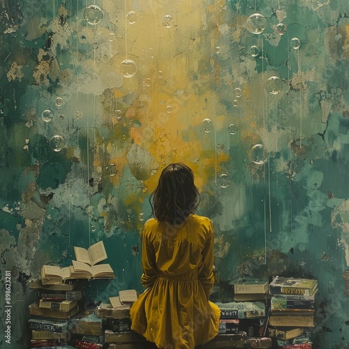 Woman Looking at Bubbles in an Old Room.