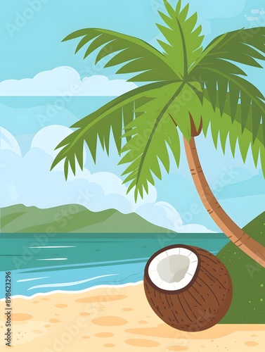 A single coconut lies on a sandy beach beneath a palm tree, with ocean and mountains in the background.