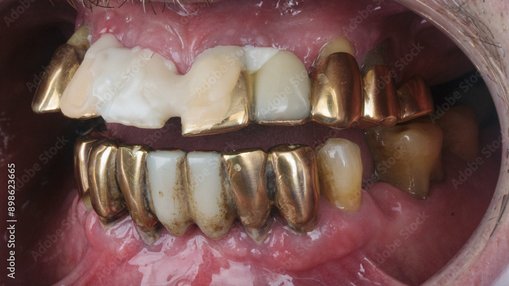 Obraz premium terrible teeth of an elderly man with gold crowns