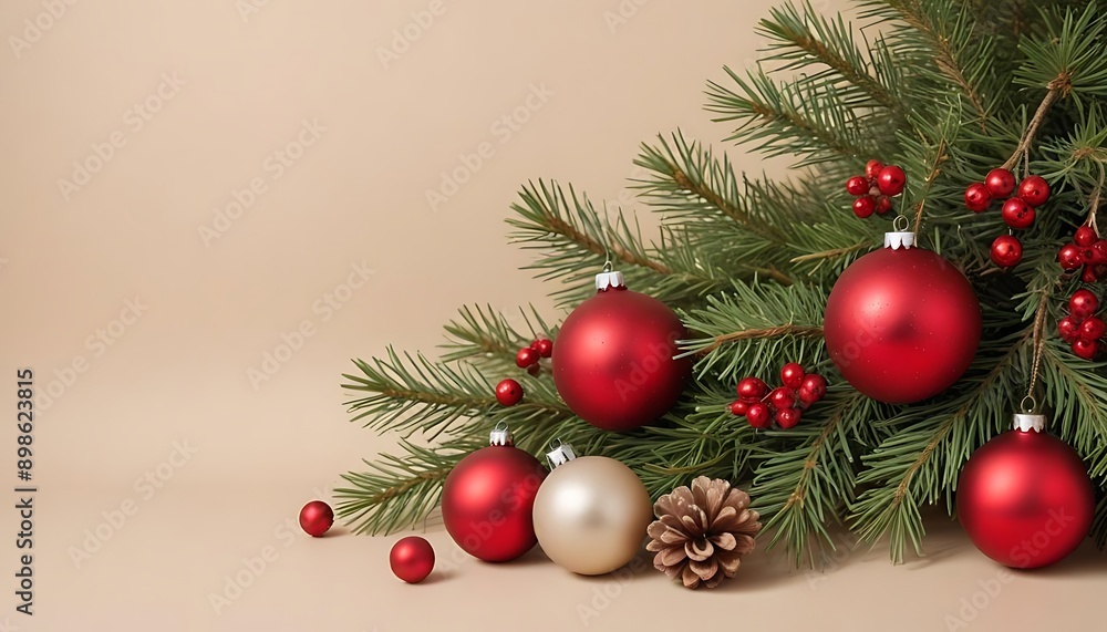 Festive Christmas Decorations with Red Baubles and Pine Branches Festive Christmas Decorations with Red Baubles and Pine Branches