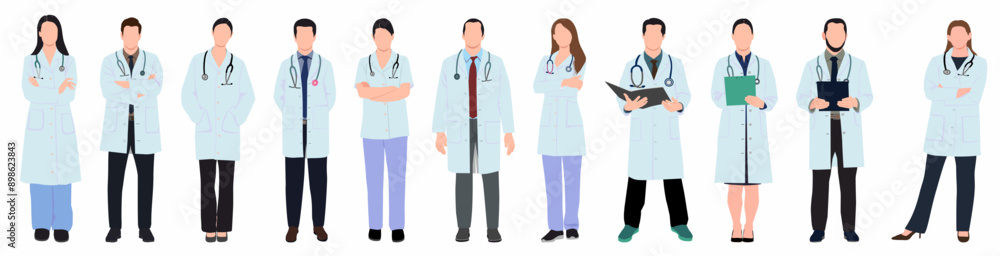 Set of medical staff in uniform. Collection of male and female doctors and nurses. Physician, Doctor, pediatric, paramedic nurses and other healthcare professional. Set of medical staff in uniform. Collection of male and female doctors and nurses. Physician, Doctor, pediatric, paramedic nurses and other healthcare professional.