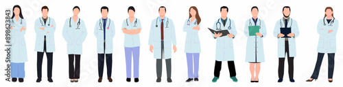 Set of medical staff in uniform. Collection of male and female doctors and nurses. Physician, Doctor, pediatric, paramedic nurses and other healthcare professional. 