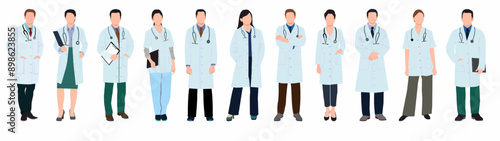 Set of medical staff in uniform. Collection of male and female doctors and nurses. Physician, Doctor, pediatric, paramedic nurses and other healthcare professional. 