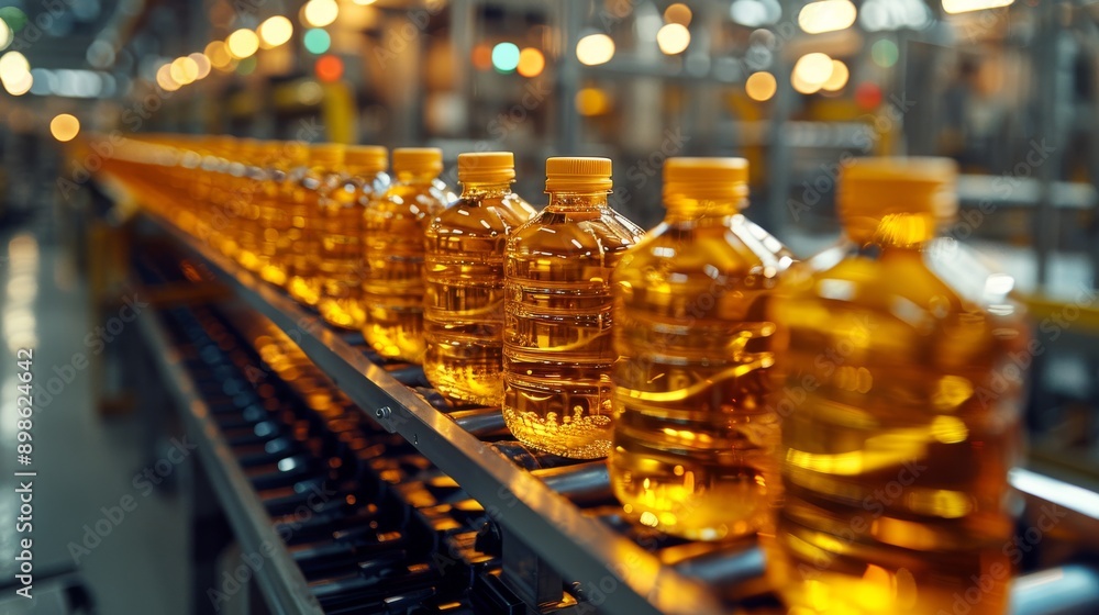 Close up view of a conveyor belt transporting numerous bottles of sunflower oil inside a production facility Close up view of a conveyor belt transporting numerous bottles of sunflower oil inside a production facility
