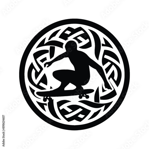 Skateboarding, longboarding  male player in celtic knot pattern illustration, emblem shield badge