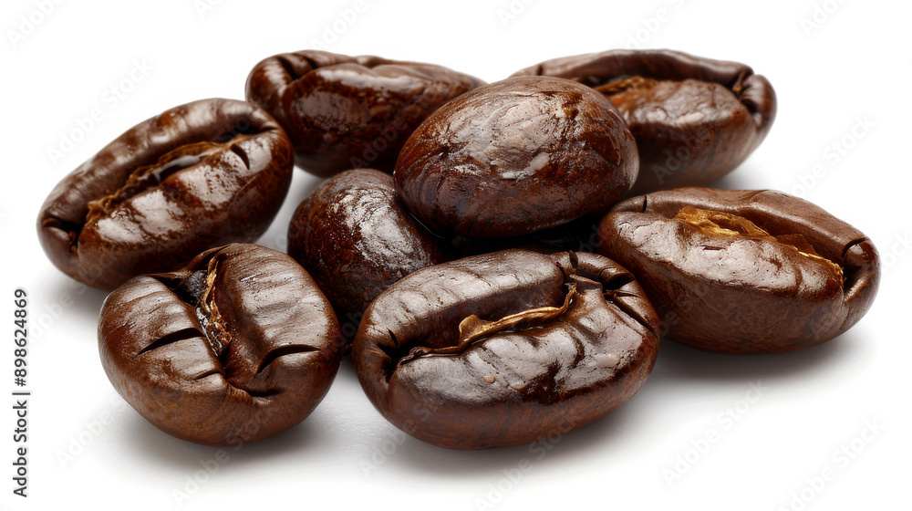 A detailed and hyper-realistic close-up shot of coffee beans, showcasing their texture and color. Isolated on white background. A detailed and hyper-realistic close-up shot of coffee beans, showcasing their texture and color. Isolated on white background.