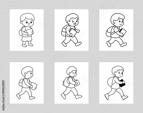 Boy Going to School Vector Line Art Illustration. photo