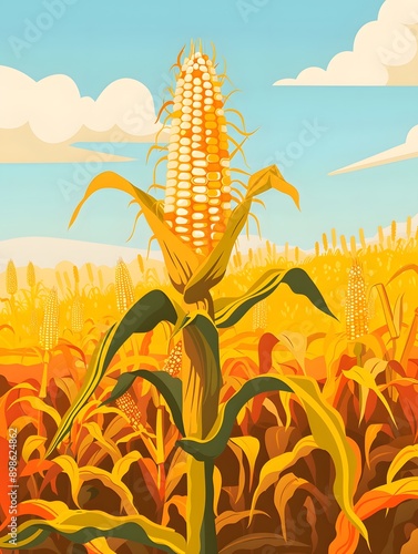 A single corn stalk stands tall in a field of golden corn, under a blue sky with fluffy clouds. photo