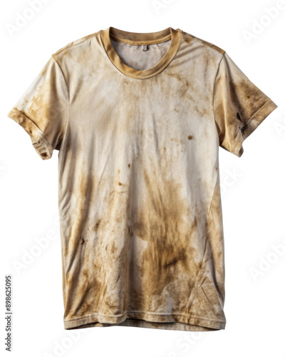 Dirty White T Shirt Isolated. A heavily stained shirt great for depicting labor or messy activities. Isolated on transparent background, png.