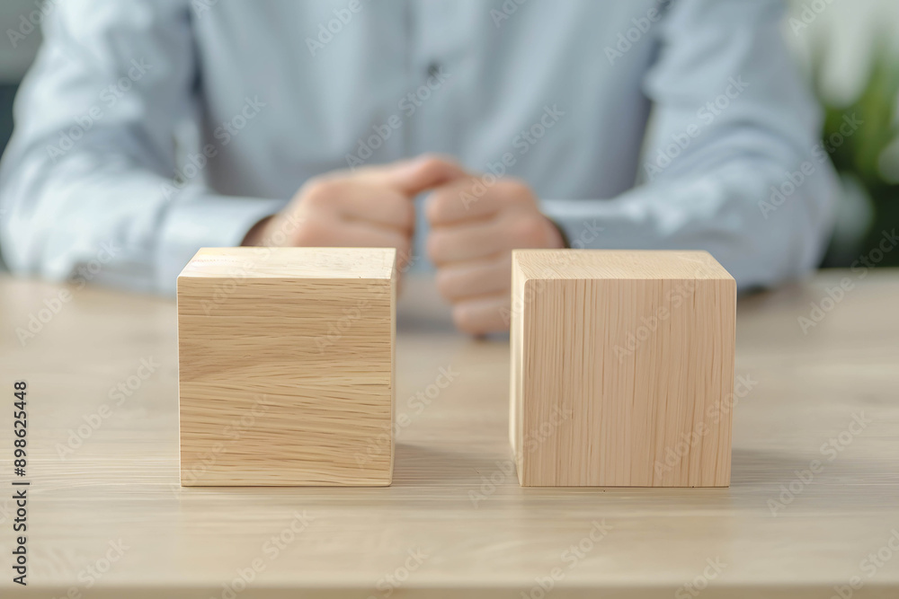 Wooden cubes on the table. Businessman chooses from behind, represents choices and decisions, used to insert text or images Wooden cubes on the table. Businessman chooses from behind, represents choices and decisions, used to insert text or images