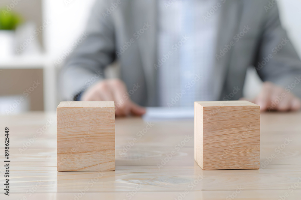 Wooden cubes on the table. Businessman chooses from behind, represents choices and decisions, used to insert text or images Wooden cubes on the table. Businessman chooses from behind, represents choices and decisions, used to insert text or images