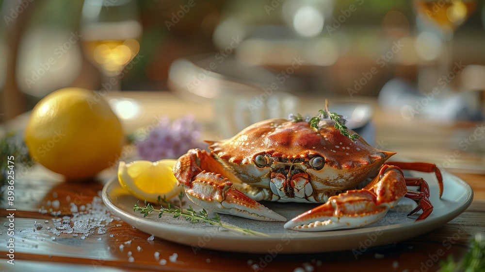 Cooked crab is lying on a plate with lemon and spices, ready to be enjoyed as a delicious seafood meal Cooked crab is lying on a plate with lemon and spices, ready to be enjoyed as a delicious seafood meal