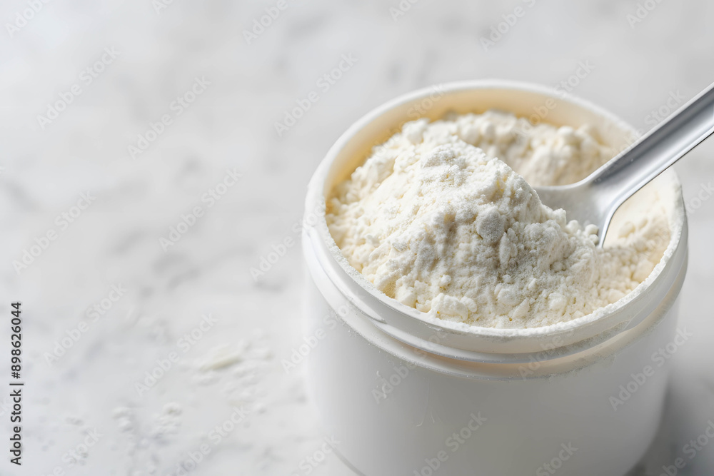 Probiotic supplement bottle with a spoon, showcasing the powder, yogurt provides nutritional value and adds probiotics that are necessary for the body, improves the intestinal system and excretion Probiotic supplement bottle with a spoon, showcasing the powder, yogurt provides nutritional value and adds probiotics that are necessary for the body, improves the intestinal system and excretion