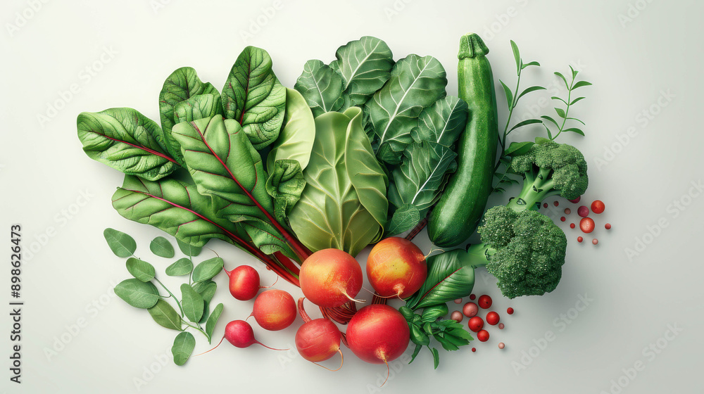 A vibrant assortment of fresh vegetables and herbs including tomatoes, broccoli, basil, and cabbage, beautifully arranged on a light background.
A vibrant assortment of fresh vegetables and herbs including tomatoes, broccoli, basil, and cabbage, beautifully arranged on a light background.