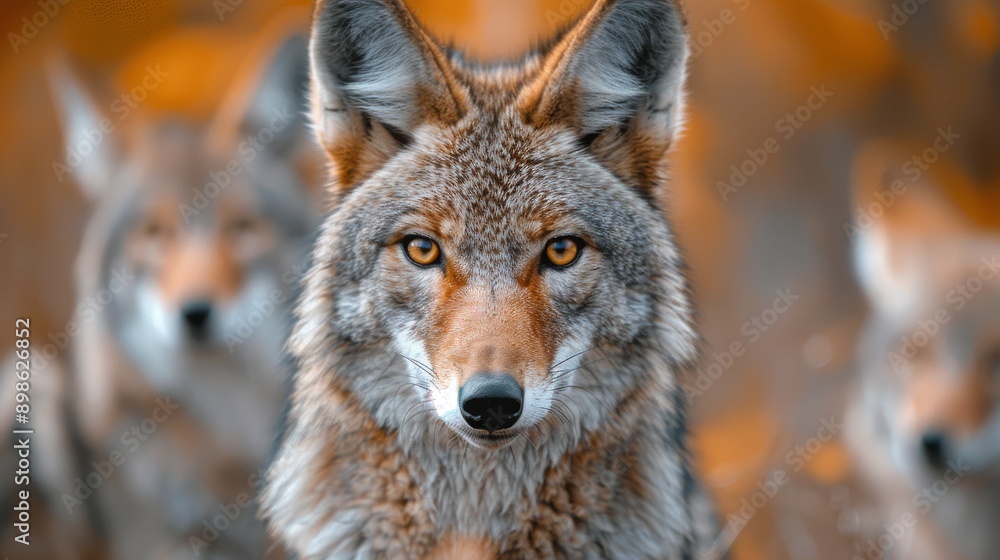 Fototapeta premium Coyote with piercing yellow eyes is staring intently with its pack blurred in the background