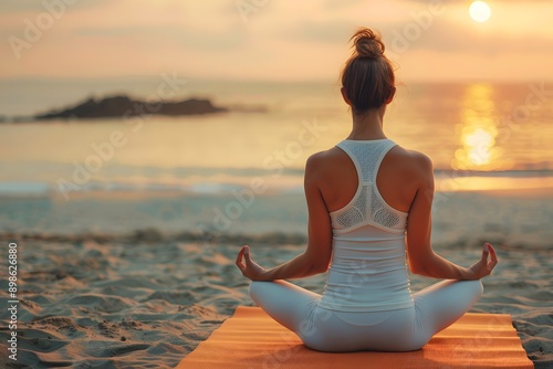 Sunrise Yoga on the Beach: A woman finds inner peace and tranquility as she practices yoga at sunrise on a sandy beach, the golden light illuminating the serene scene.  