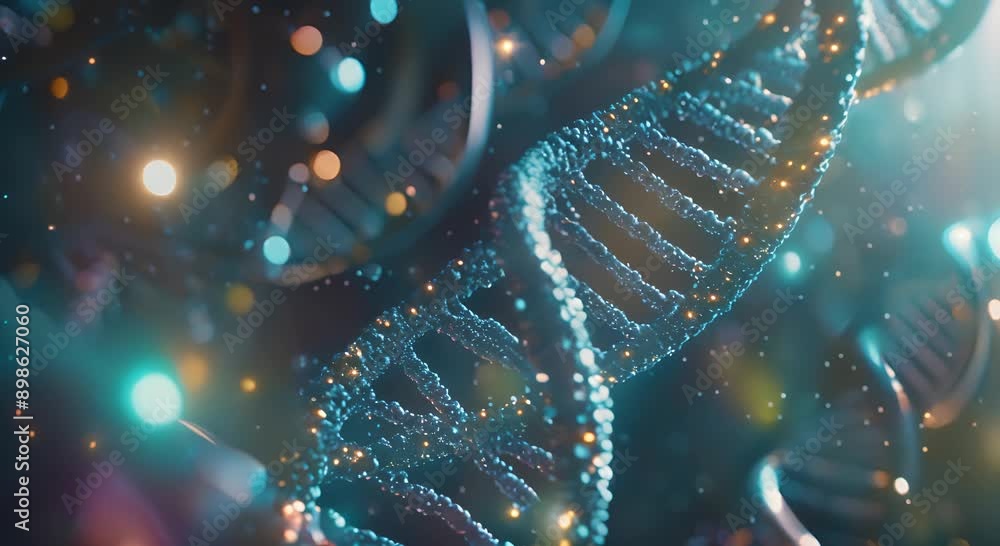 A blue and orange DNA strand with a lot of sparkles. The image is of a computer generated DNA strand A blue and orange DNA strand with a lot of sparkles. The image is of a computer generated DNA strand