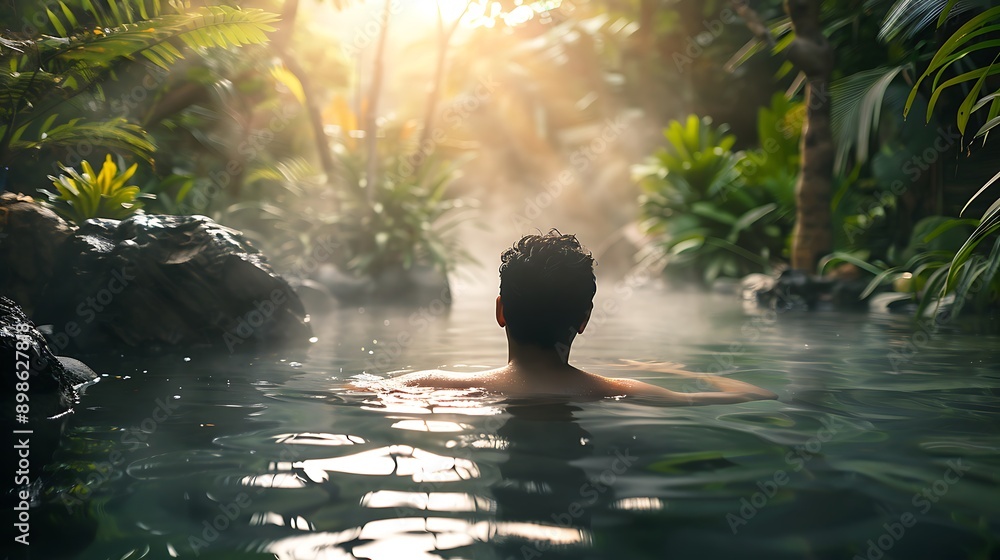 A person soaking in a natural hot spring surrounded by nature. A person soaking in a natural hot spring surrounded by nature.
