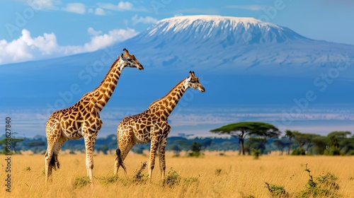 Three giraffe on Kilimanjaro mount background in National park of Kenya, Africa