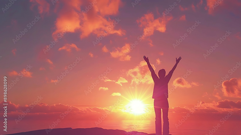 A person standing tall with arms raised in victory after achieving a goal. A person standing tall with arms raised in victory after achieving a goal.