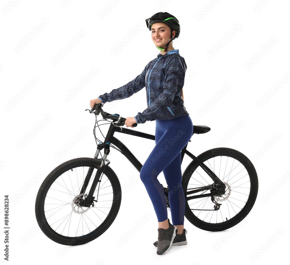 Naklejka premium Smiling woman in helmet with bicycle isolated on white