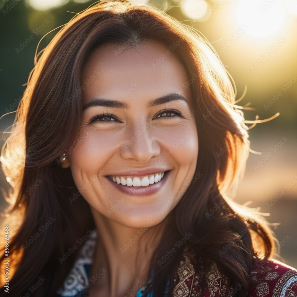 Smiling friendly beautiful Uzbek woman 40 years old. Uzbek nationality, elements of folk costume. Direct look. Rays of the sun at golden hour. White teeth. Turkic-speaking people. Central Asia Smiling friendly beautiful Uzbek woman 40 years old. Uzbek nationality, elements of folk costume. Direct look. Rays of the sun at golden hour. White teeth. Turkic-speaking people. Central Asia