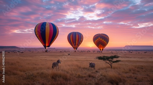 Three hot air balloons drift over the plains of The Serengeti National Park at dawn