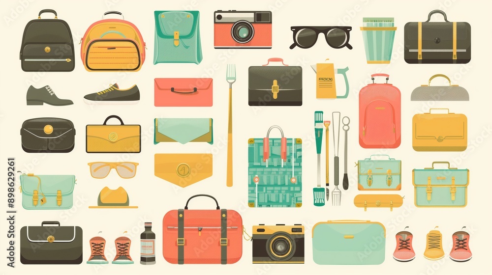 A colorful and modern illustration featuring various travel essentials and accessories. A colorful and modern illustration featuring various travel essentials and accessories.