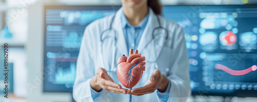 Hands of a doctor holding human heart. Health and cardiological diseases concept.