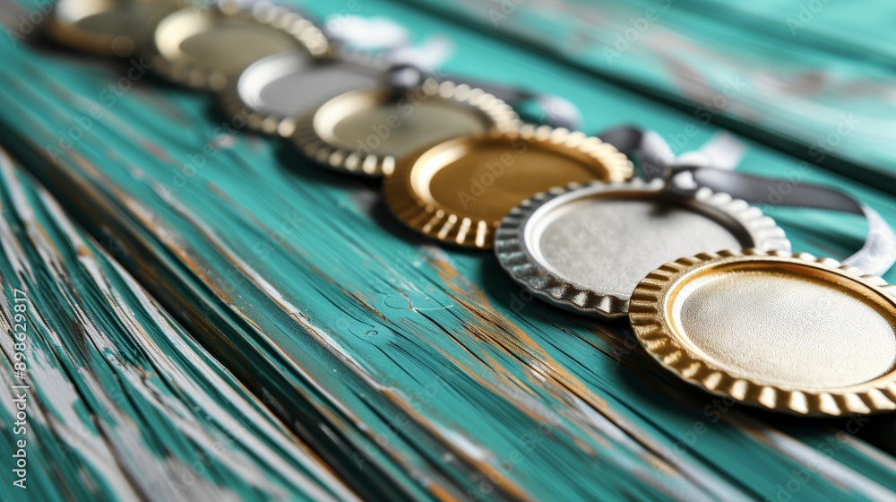 A close-up view of a row of blank medals, featuring gold, silver, and bronze finishes, placed on a rustic turquoise wooden surface. A close-up view of a row of blank medals, featuring gold, silver, and bronze finishes, placed on a rustic turquoise wooden surface.