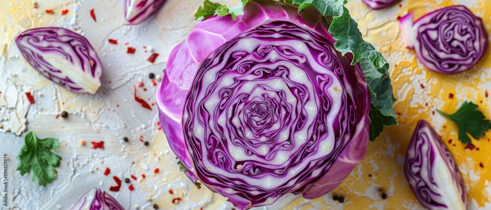 Obraz premium Fresh Purple Cabbage Sliced in Half with Vibrant Colors and Textured Background