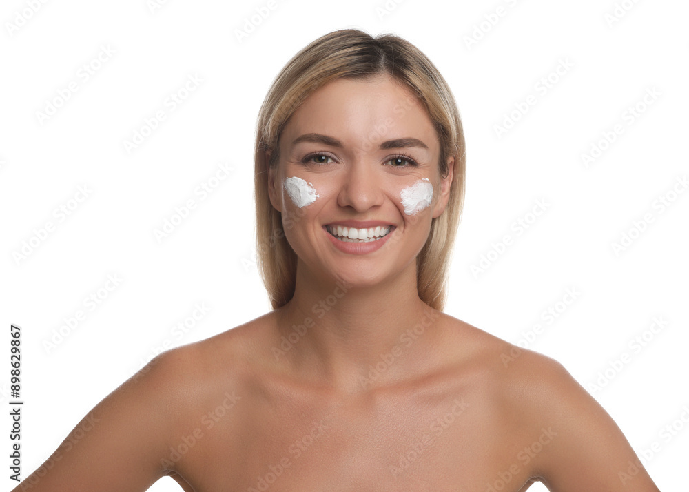 Beautiful woman with cream on her face against white background Beautiful woman with cream on her face against white background