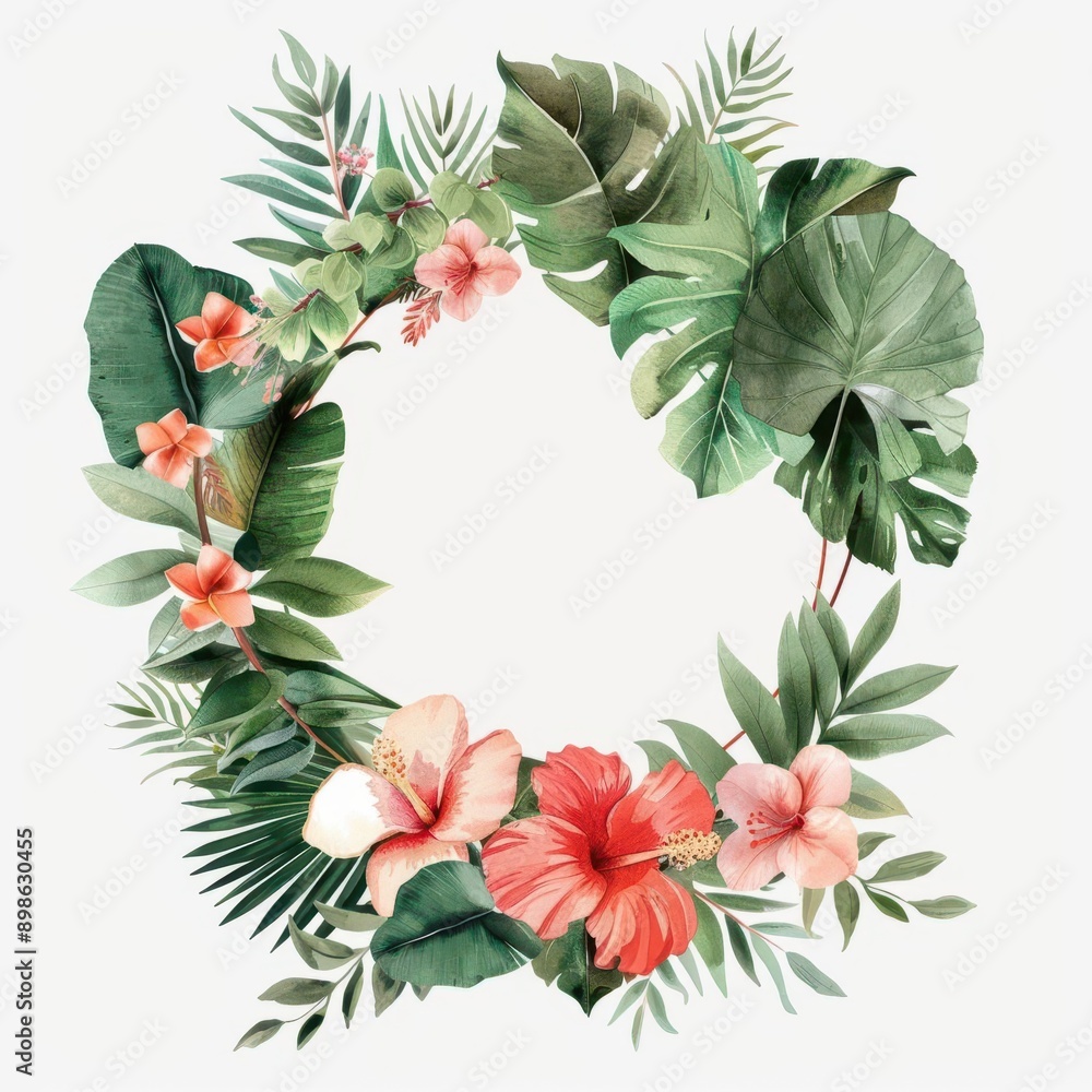 Fototapeta premium Vibrant tropical floral wreath featuring lush leaves and colorful flowers, perfect for invitations and decorations.