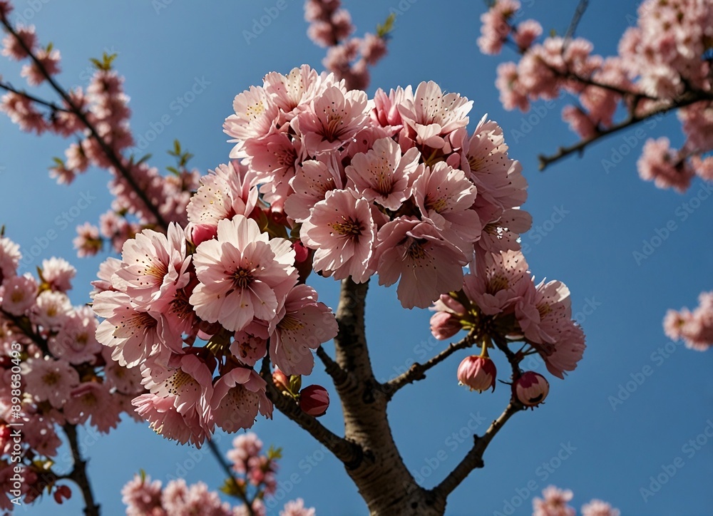 Pink cherry blossom tree in full bloom contrasting against clear blue sky, tree, cherry blossom, bloom, nature, pink Pink cherry blossom tree in full bloom contrasting against clear blue sky, tree, cherry blossom, bloom, nature, pink