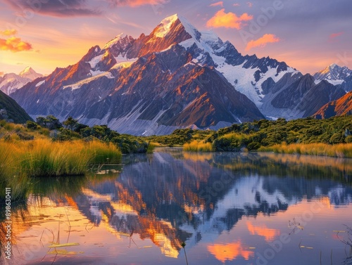 Stunning mountain landscape at sunrise with snow-covered peaks reflecting in a tranquil lake, lush greenery surrounding the serene water.