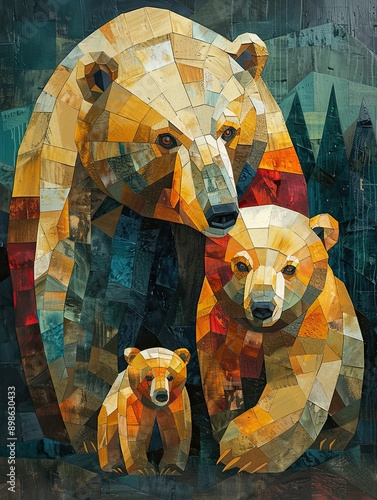 Intricate stained glass artwork depicting a bear family with geometric patterns and warm colors, creating a striking and detailed visual.
 photo