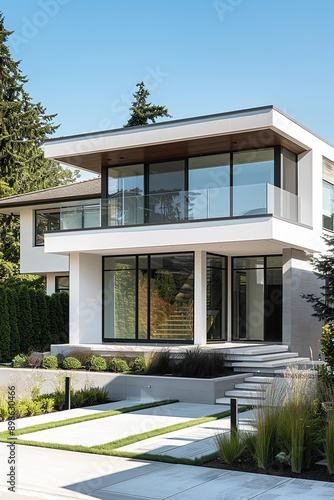 A modern, minimalist house with large windows and a well-manicured lawn, symbolizing contemporary living.