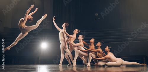 Ballet group, women and performance on stage for theatre recital and dancing for competition at art academy. Ballerina, team or jumping for creative routine with flexibility in talent show production