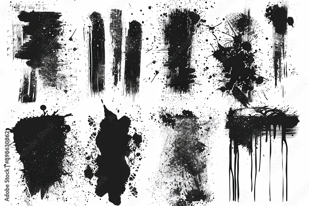 Overlay textures featuring grunge effects, worn-out surfaces, concrete styles, spray techniques, and ink blots. Ideal for unique grainy patterns. Diverse paint textures with backgrounds. Vector set Overlay textures featuring grunge effects, worn-out surfaces, concrete styles, spray techniques, and ink blots. Ideal for unique grainy patterns. Diverse paint textures with backgrounds. Vector set