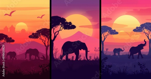 African Savannah Sunset Silhouette with Elephants