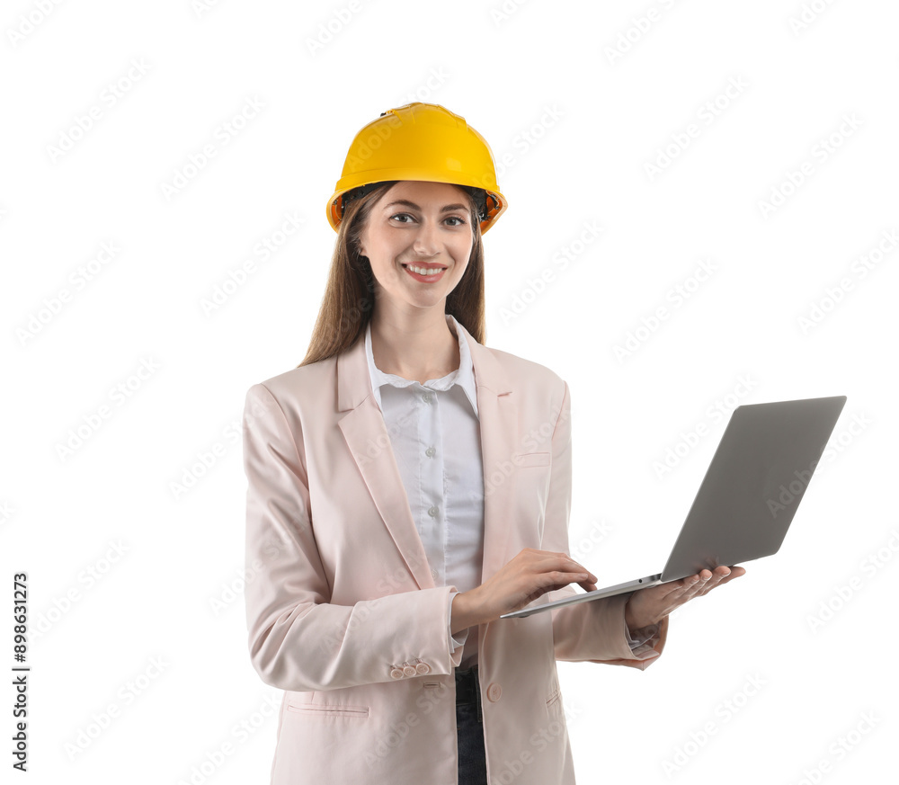 Engineer in hard hat with laptop on white background Engineer in hard hat with laptop on white background